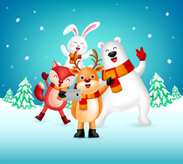 Funny cartoon animals character taking selfie. Reindeer, Polar bear Rabbit and Fox. Merry Chraistmas and happy new year. Illustration isolated on winter background.
