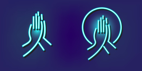 Fototapeta premium Modern Neon Praying hands in simple line icon. Night bright signboard, Glowing light banner. Vector Illustration.