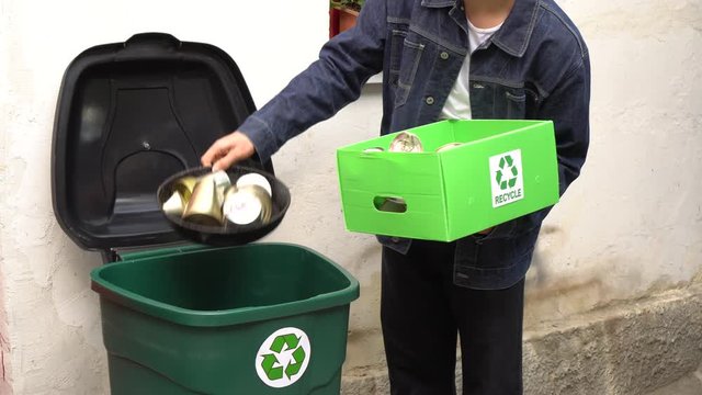 Scrap metal recycling. Aluminum drink cans, tin, steel, metal food cans. Zero waste. Recycle logo. Waste sorting bin. Recycling at home. Recyclable materials paper plastic glass metal