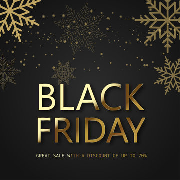 Black Friday discount card with gold text and snowflakes. Vector