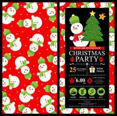 Christmas card invitation template with snowman and tree.