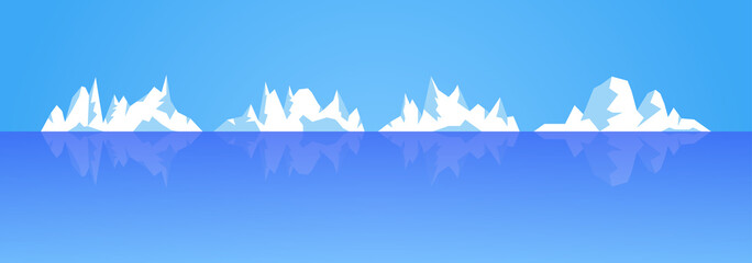 Set of ice mountain and iceberg illustration. Rocky snowy mountains with ocean water reflection, different types snd forms. Winter weather.