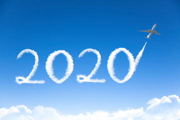 Naklejka na ściany i meble jet drawing 2020 cloud in sky. happy new year 2020 concepts