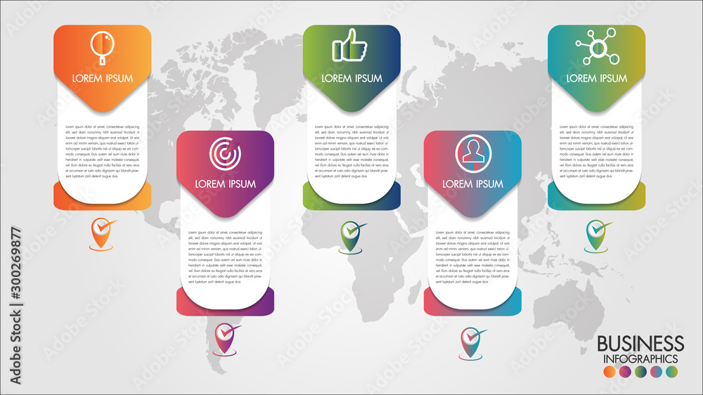 Poster world map business infographics 5 step options vector illustration and design template with pointer 