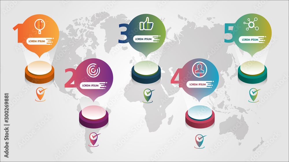 Poster world map business infographics 5 step options vector illustration and design template with pointer 