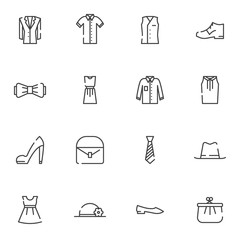 Women's clothing line icons set. linear style symbols collection, outline signs pack. vector graphics. Set includes icons as dress, skirt, retro hat, shoes, jacket, ladies handbag, necktie, purse