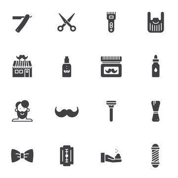 Barber shop vector icons set, modern solid symbol collection filled style pictogram pack. Signs logo illustration. Set includes icons as razor, scissors, moustache balsam, shaving machine, hairdresser