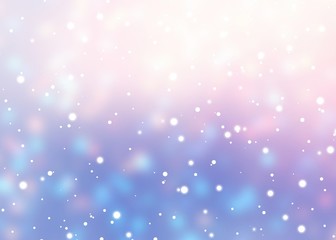Snow falls on iridescent glare background. Pink blue lilac garland flares blur pattern. Winter texture. Christmas abstract illustration.