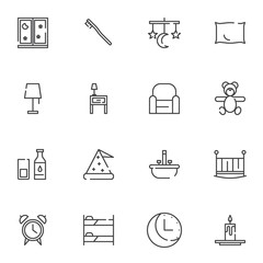 Sleep, bedtime line icons set. linear style symbols collection, outline signs pack. vector graphics. Set includes icons as Crib, armchair, night lamp, sleeping hat, pillow, dream catcher, candle, bed