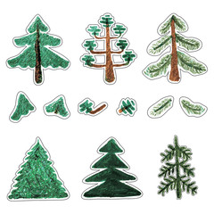Trees and coniferous trees are made in watercolor. With special indents under the cut. Isolated on white.