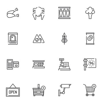 Grocery store line icons set. linear style symbols collection, outline signs pack. vector graphics. Set includes icons as chicken leg, fish tray, broccoli, cash register, payment card, shopping basket