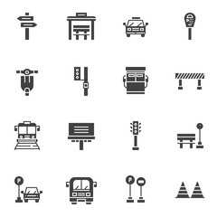 Urban transportation vector icons set, modern solid symbol collection, filled style pictogram pack. Signs, logo illustration. Set includes icons as taxi car, traffic light, parking meter, gas station