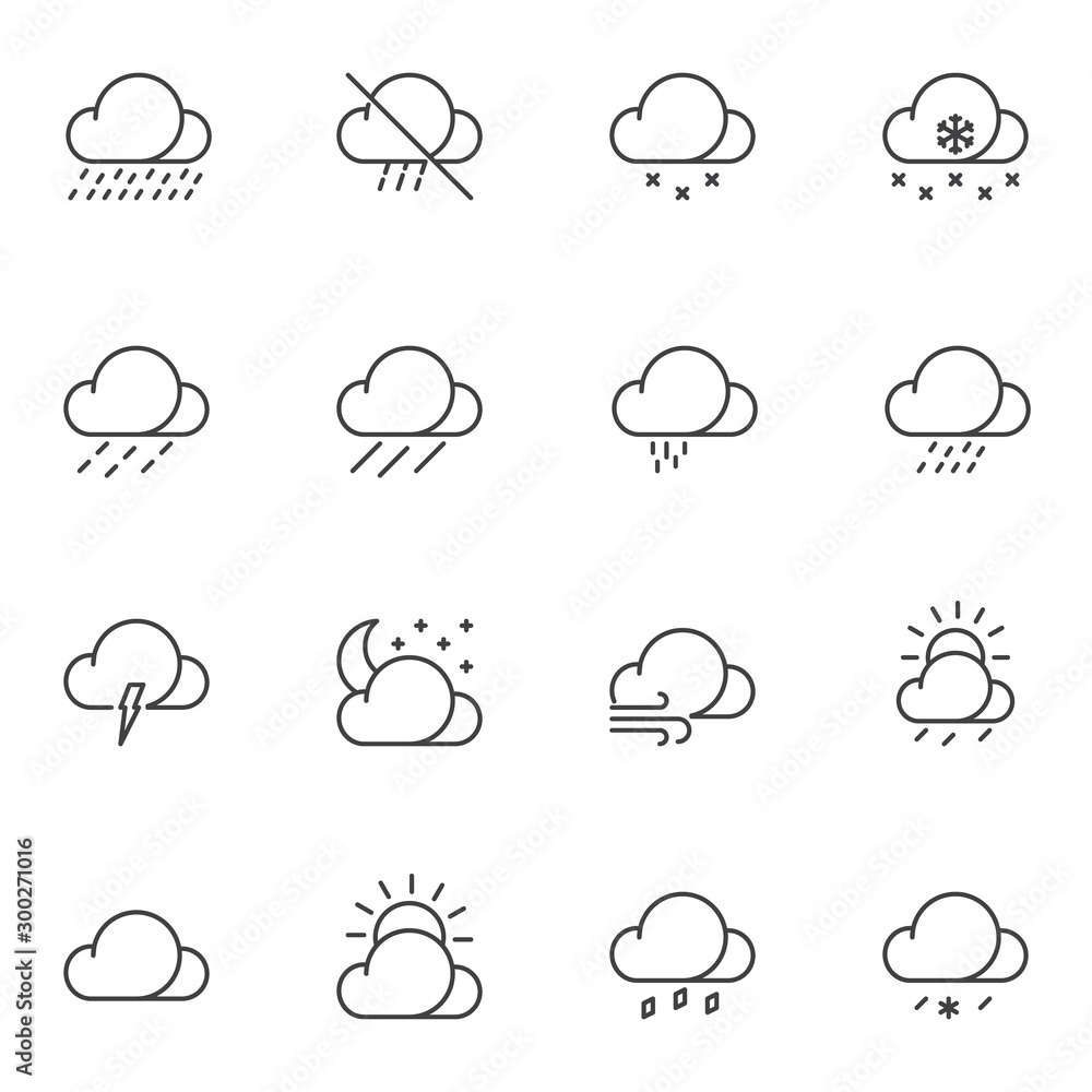 Poster weather clouds line icons set. linear style symbols collection, outline signs pack. vector graphics.