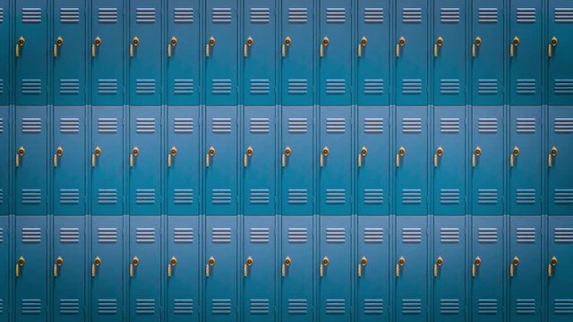 Blue High School Lockers Stacked, Pan Right