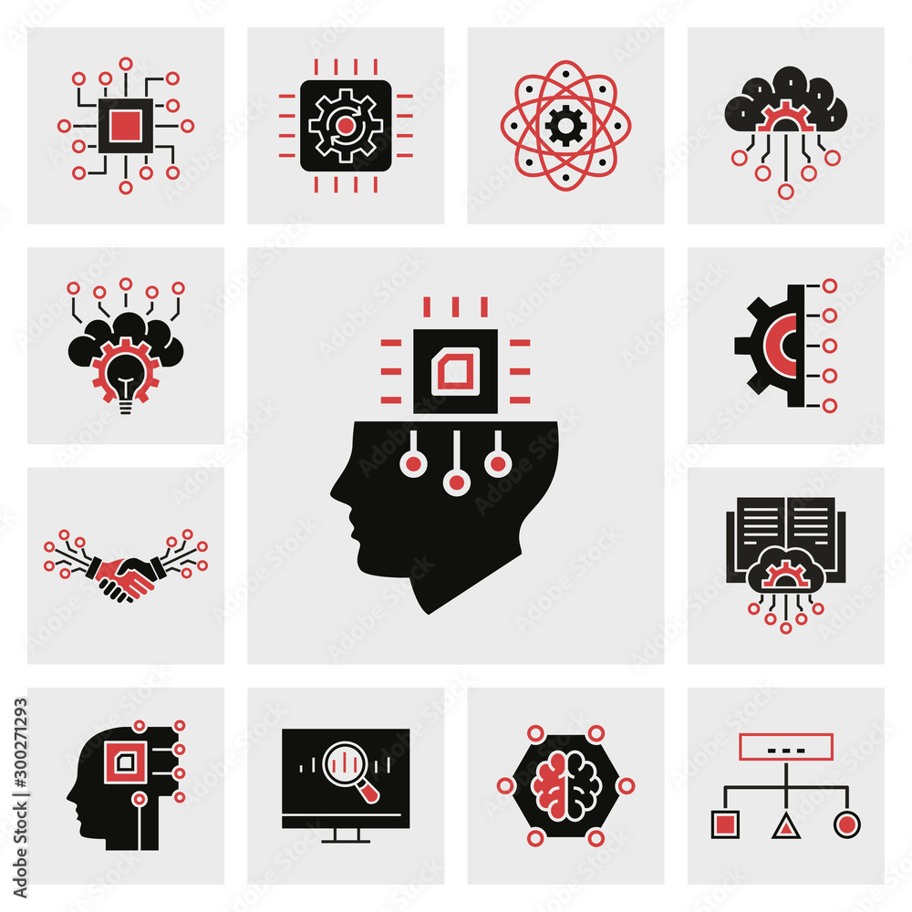 Aufkleber machine learning icons, such as artificial intelligence, algorithm, automated system, robot