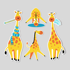 Stickers with cute cartoon giraffes. Funny african animals in different situations. Flat vector illustration.