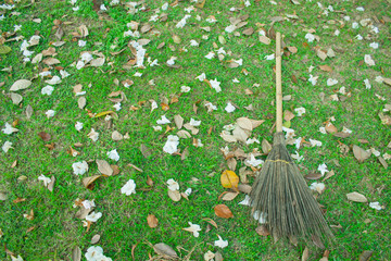 broomstick in the flower garden