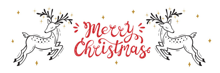 Merry Christmas greeting card. Happy Holidays. Vector winter holiday background with hand lettering calligraphic and Christmas reindeer. Deer