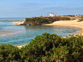 River Mira with beach in Vila Nova de Milfontes in Portugal at river Mira