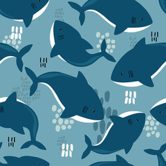 Sharks, hand drawn seamless pattern. Marine background vector. Colorful illustration, overlapping backdrop with fishes. Decorative cute wallpaper, good for printing