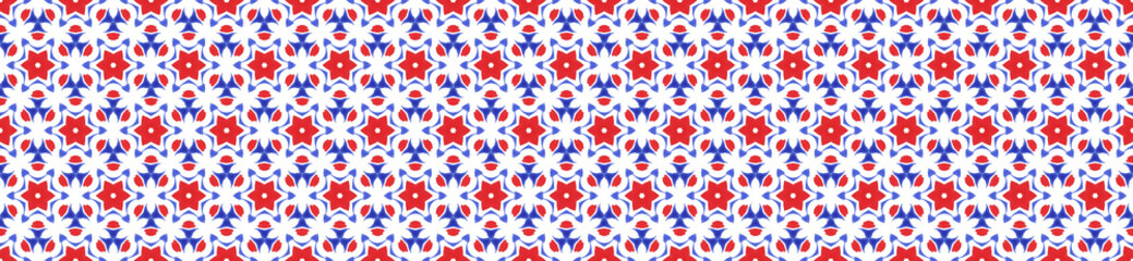 Fototapeta premium Islamic ornament pattern design use for fashion design, decor, scrapbooking, fabric, ceramic, napkin print. Traditional Arabian style, blue and red geometry of vintage mosaic