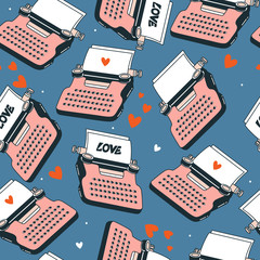 Seamless pattern with typewriters, sheets of paper, hearts, english text. Colorful hand drawn illustration. Design overlapping background vector. Decorative wallpaper, good for printing - 300272283