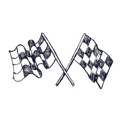 Two Checker Race Flags Crossed, doodle style, sketch illustration, hand drawn Vector