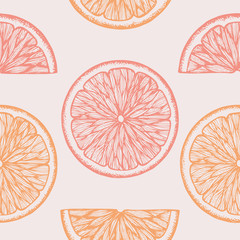 Hand drawn orange seamless pattern. Vintage vector background with orange slices 