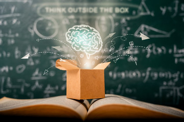 think outside the box on school green blackboard . startup  education concept. creative idea....