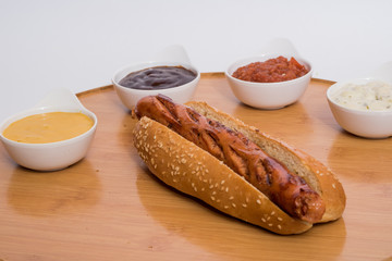 hot dog with sauces and spices