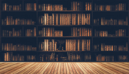 blurred bookshelf Many old books in a book shop or library