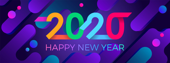 2020 Happy New Year. Paper Memphis geometric bright style for holidays flyers, greetings, invitations, Happy New Year or Merry Christmas cards. Holiday background, poster, banner. Vector Illustration.