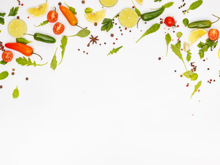 Food, vegetables and fruits on a white background. Background for design. Healthy eating concept. Top view.