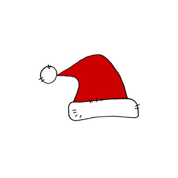 Color hat flat cap Santa Claus isolated on white background. New year and Christmas line art, doodle, sketch, hand drawn. Element of Christmas and New Year design