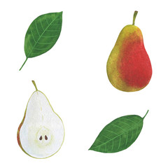 Set Pears Watercolor Fruit Leaves Summer Food Illustration