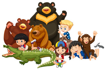 Children with animals on isolated background