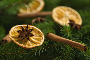 Obraz na płótnie Canvas Closeup shot of spruce twigs with christmas decorations