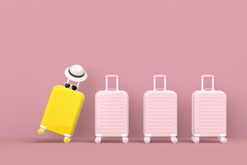 Modern yellow and pink suitcases bag with sun glasses and hat on pink background. Travel concept. Vacation trip. Copy space. Minimal style. 3D rendering illustration