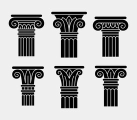 Set of six black ancient columns, orders, pillars.