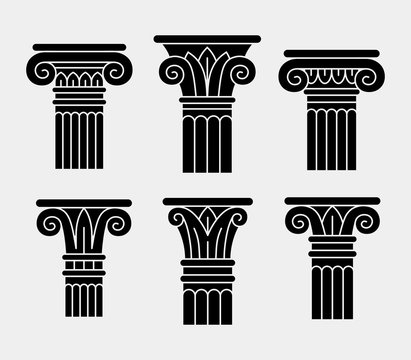 Set of six black ancient columns, orders, pillars.