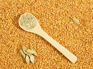Spices in spoon – fennel, green cardamom. Background from Fenugreek. Indian cuisine ingredients