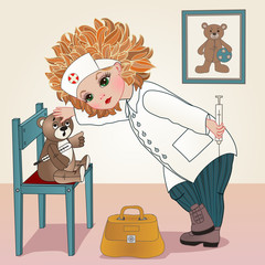 a girl dressed in a medical uniform holds a syringe in her hand and examines with a stethoscope a teddy bear sitting on a stool, there is a bag near the floor