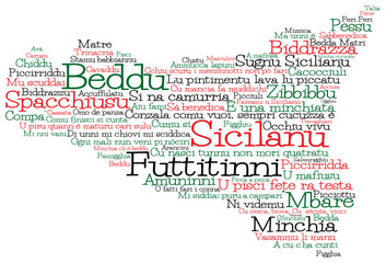Sicily map made from Sicilian slang words in vector format.