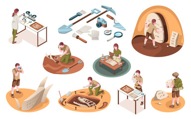 Set of isolated icons for archeology job and paleontology profession. Isometric signs with archeologist and paleontologist with dinosaur bones. Archaeologist tools, brush, shovel. Dig and excavation - obrazy, fototapety, plakaty