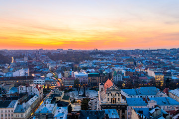 Aerial view of the old town of Lviv in Ukraine at sunset. Lvov cityscape. View from tower of Lviv town hall