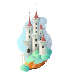 Fairy tale magic castle with high towers. Vector illustration - obrazy, fototapety, plakaty