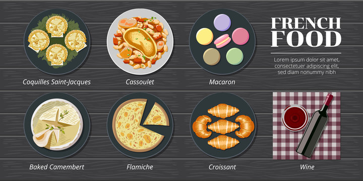 Coquille saint jacques,cassoulet,macaron,baked camembert,flamiche,croissant france food menu set collection graphic design
