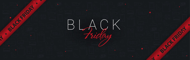 Black Friday banner with red ribbons. Season of Sale.