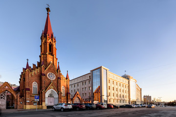 Russia, Irkutsk - November 2, 2019: Organ Hall. Irkutsk Regional Philharmonic. Roman Catholic Polish Church in autumn