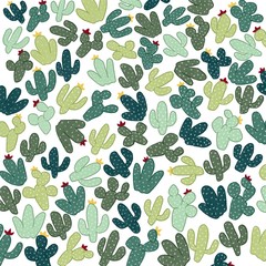 Pattern with different green desert cacti on white background